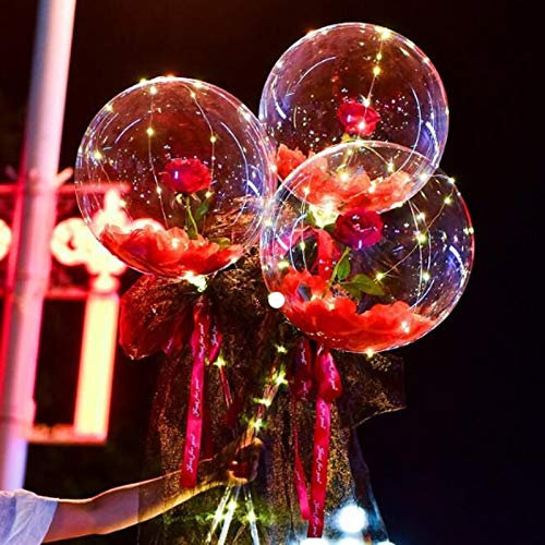 Ballon Transparent à lumière LED avec Bouquet de Fleurs de Rose Boule Lumineuse pour Saint-Valentin Anniversaire Ballons Décor,Mariage Demoiselle d'honneur Bouquets De Mariée Centres De Table (Black)