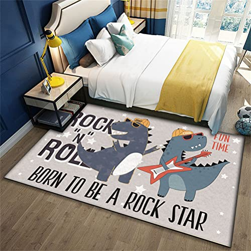 Sticker Superb. Kinderteppich Cartoon-Dinosaurier 3D Wohnzimmerteppich Rutschfest Grau Blau Musik Rock Teppiche Jungen und Mädchen Spielteppich Kinderzimmer Teppich Waschbar (Grau,120 x 160 cm)