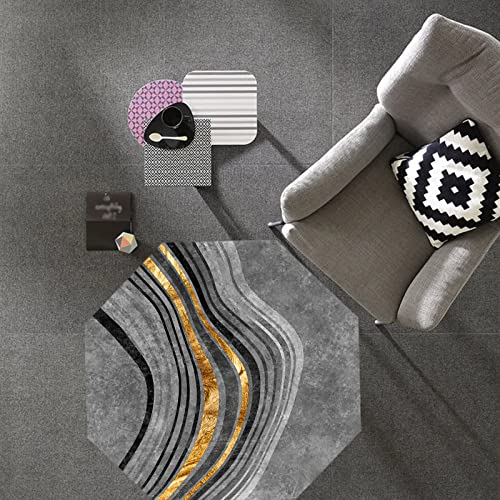 makeups69 Teppich Achteckig rutschfest waschbarer, Teppiche Orientteppich Kurzflorteppich für Wohnzimmer Schlafzimmer Esszimmer， goldene graue Schwarze geometrische Linien Octagon 150 x 150 cm