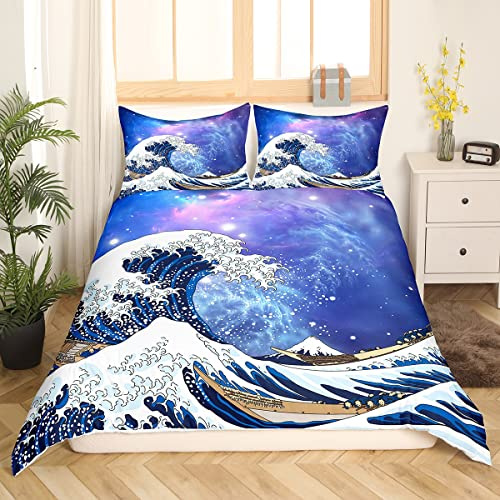 Loussiesd Japanisches Ukiyoe Bettwäsche Set Galaxis 135x200cm Bettbezug Set für Kinder Jungen Mädchen Wellenmuster Wellen im japanischen Stil Bettwäsche Meer Dekor mit 1 Kissenbezug 80x80cm Exotisch