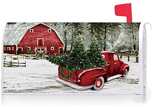Texupday Weihnachts-rote LKW-Dekoration, Briefkasten-Abdeckung mit Magnetstreifen, Winter-Schnee-Briefkasten-Verpackungen, Standardgröße: 53,3 x 45,7 cm, für Garten, Outdoor, Hof-Dekoration