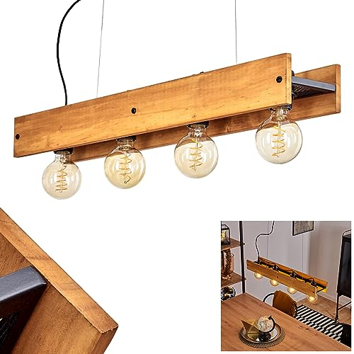 HOFSTEIN Pendelleuchte Maahui, Hängelampe aus Metall/Holz in Schwarz/Braun im Vintage Design, Hängeleuchte mit Holzbalken, Höhe max. 148 cm, 4-flammig, 4 x E27, für Esszimmer, Wohnzimmer, Küche