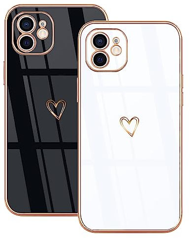 Lonrapa 2 Stück iPhone 12 Handyhülle Gold Herz Muster Motiv Hülle für Mädchen Frauen Galvanisierte Weich TPU Silikon Kameraschutz Stoßfest Bumper Schutzhülle iPhone 12 Case Cover - Schwarz & Weiß