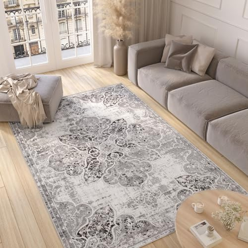TAPISO Valley Teppich Kurzflor Vintage Creme Schwarz Blumen 300 x 400 cm | Rahmen Oriental Used Effekt Verwischt Wohnzimmer Schlafzimmer OEKO-TEX