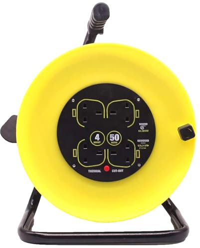 MAENGRE Four Socket Open Cable Reel Extension Lead with Winding Handle, Thermal Cut Out and Power Switch, 50 Metres High Visibility Cable, Yellow