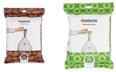 Brabantia Sacs Poubelle PerfectFit (Code L - 40L / 45L), Ultra Résistant & Sacs Poubelle PerfectFit (Code G - 23L / 30L) Ultra Résistant, Poignées Coulissantes