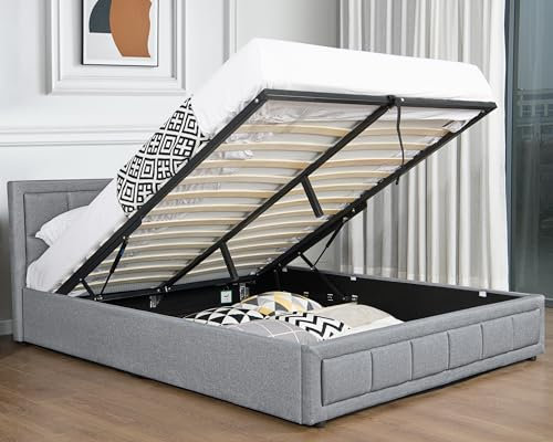Ottoman Bed Small Double Bed Frame UKFR Linen Fabric Grey Upholstered Ottoman Storage Bed with Gas Lift End Opening Wooden Slats with Storage Bed (4ft Small Double 130 x 204, No Mattress)