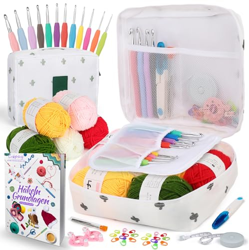 Coopay Set uncinetto per principianti, motivo cactus, set di uncinetti con 2,0 – 8,0 mm, ergonomici con impugnatura morbida, filato all'uncinetto, istruzioni per uncinetto e accessori a maglia, borsa