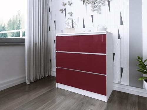 Faizee Möbel Schubkastenkommode Zoe 80-3 Schubladenkommode (Rot Hochglanz, Korpus: Weiß)