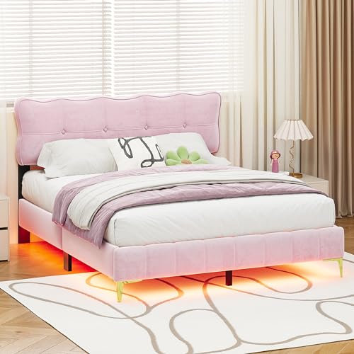 Polsterbett 160 x 200 cm, Jugendbett, Doppelbett mit LED-Leuchten mit Rückenlehne mit Lattenrost Samtstoff hohe Metallfüße Rosa (Matratze nicht im Lieferumfang enthalten) (.,Pink + 160 x 200 cm)