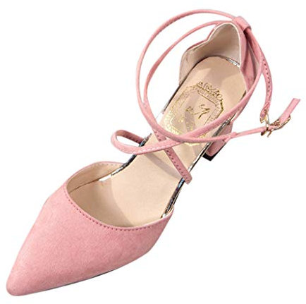 Pumps - Decolleté da donna con cinturino alla caviglia, con tacco a blocco, tacco basso con tacchi alti, in pizzo chiusi, sandali con glitter e décolleté perfette per matrimoni e feste, Colore: rosa.,