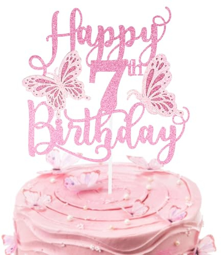 Personalised Pink 3D Butterfly Happy 7th Birthday Glitter Cake Toppers,Pink Butterfly Theme Cake Toppers for Cake Decorations Girls 7 Years Old Birthday Party Keepsakes