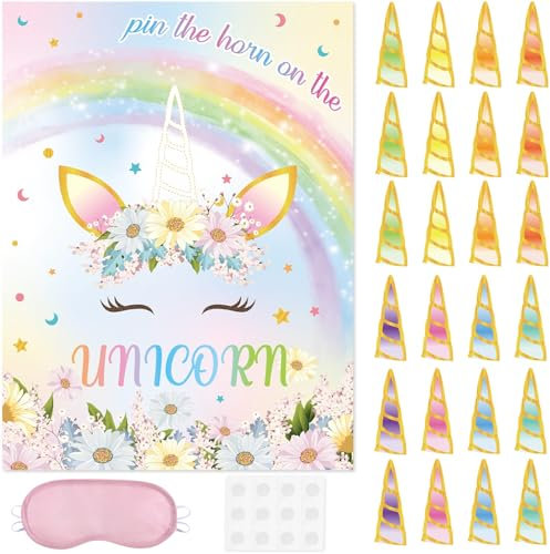 WERNNSAI Einhorn Spiel – Einhorn Party Dekorationen 51 × 73 cm Einhorn Partyspiel für Kinder Mädchen mit 24 Hörnern Einhorn Geburtstagsparty Zubehör für die Wanddekoration
