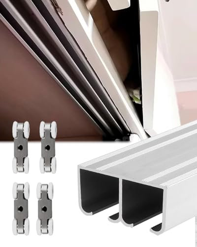 Kit Puerta Corredera Kit de Puerta Corredera para Armario de 2 Puertas, Herrajes para Puertas Correderas de Granero con Rieles de 1200mm 2400mm 2600mm 3000mm, Juego de Rieles Plateados(2500mm/98 inch)