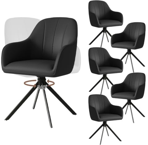 Hawthyhome Esszimmerstühle Drehbar 6er Set 5cm Sitzkissen PU Leder/Schwarz | Stühle Esszimmer mit Armlehne,Polsterstuhl mit Metallbeinen,Moderner Küchenstuhl für Esszimmer,Wohnzimmer,Büro