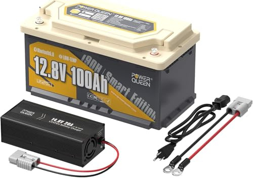 Power Queen 12V 100Ah H190 Bluetooth Batterie Lithium, Équipé d'un chargeur 14,6v 20A, construit dans 100A BMS pour camping - car, camping, moteur de pêche à la traîne, stockage d'énergie à la maison