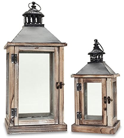 2er Set Laterne Braun Holz Metall Kerzenhalter Windlicht Gartendeko Holzlaterne Gartenlaterne Gartenbeleuchtung Dekoration Vintage Shabby Antik