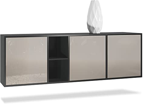 Vladon Kommode Cuba, Made in Germany, Schwarz matt/Sandgrau Hochglanz - Modernes Sideboard für Ihr Wohnbereich - (BxHxT) 182x53x35 cm