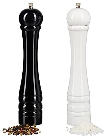 Relaxdays Molinillo de Pimienta, Pack 2, Monillo Especias, Salero Pimentero Manual, Madera-Cerámica, 30 cm, Blanco-Negro