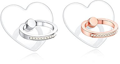 lenoup Transparenter Funkeln Herz Handy Ring Smartphone Fingerhalterung,360 Drehung Klar Glitzer Handyringhalterung Finger mit Künstliche Diamant Bling Handy Ringhalter(Silber, Roségold)