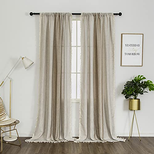 1 Paar Boho-Vorhänge aus Baumwolle und Leinen mit Quaste, gestreifte Semi-Blackout-Bauernhausvorhänge für das Schlafzimmer-Wohnzimmer (Beige und Kaffee, 230 *140 cm)