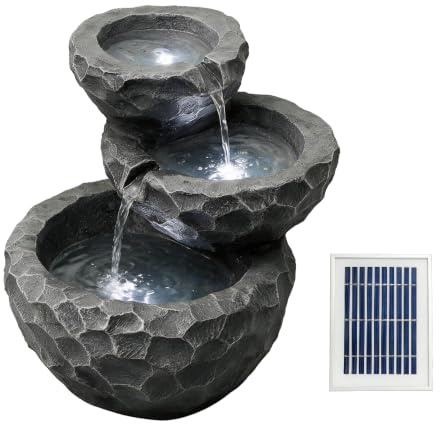 Gardenwize - Solar Powered Three-Tiered Rock Water Feature with Battery Backup, Garden Fountain for Patios, Decking, Balconies, and Outdoor Spaces