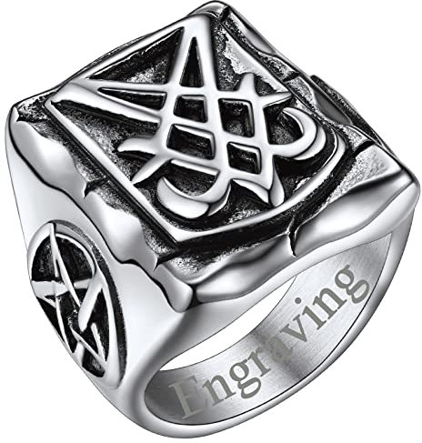 FaithHeart Herren Damen Siegelring Satan Lucifer Pentagramm Bandring Retro Fingerring Siegel von Luzifer Bandring mit Gravur für Valentinstag Geburtstag