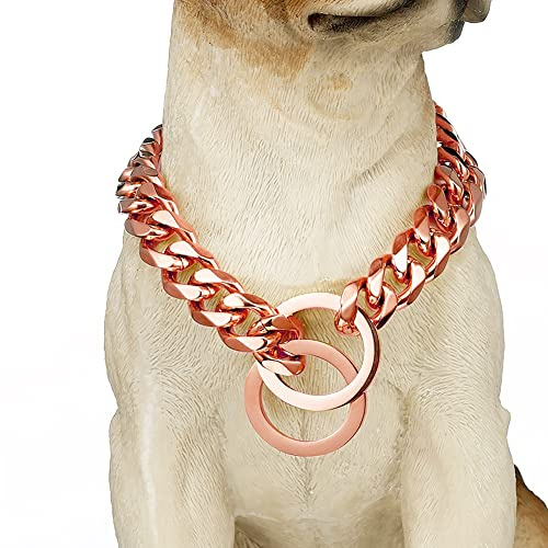 GZMZC Dog Chain Collar High Rose Gold Polished 15MM Stainless Steel Cuban Link Strong Heavy Duty Chew Proof Walking Chain Leash Collar for Small Medium Big Dogs(15MM, RG, 16)