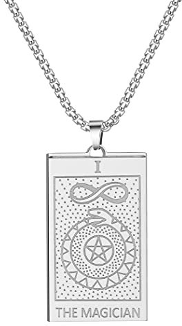 QIAMNI Edelstahl Tarotkarten Halskette Mond Stern Sonne Anhänger Astrologie Weissagung Magie Amulett Halskette Damen Herren Schmuck (Silver-The Magician)