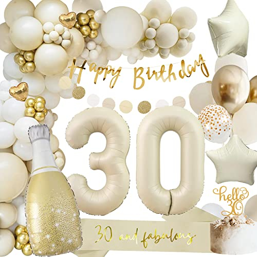 30. Geburtstag Deko Beige Gold - Happy Birthday Girlande, Luftballons für Frauen Männer - Dekorationen Set