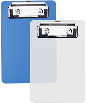 2 StÜck Mini-Klemmbrett mit gummierter Metalklemme, 15 x 10cm Schreibblock mit Aufhängeose, AZWOOD Premium Kunststoff Klemmbretter für Notizblöcke, Quittungen, Taschenlisten (Blau, Weiß)