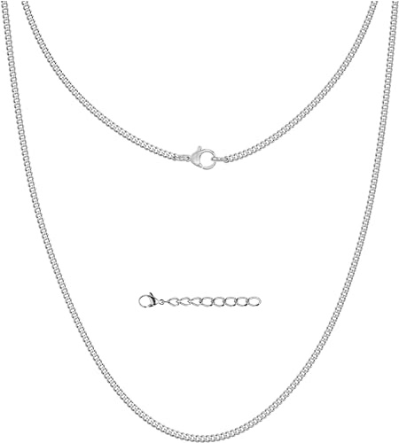 Silvadore Mens Necklace Chain Silver (2mm, 24in) - Thin Real 925 Silver Plated Stainless Steel Cuban Link Curb Chain - Solid Non-Tarnish Waterproof Jewellery Gift - (Velvet Pouch)