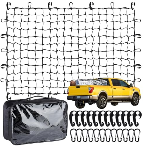 Heavy Duty Cargo Net for Pickup Truck Bed - 4' x 6' Stretches to 10' x 15' - Small 4x4 Latex Bungee Net Mesh with 24 Clips - Compatible with Ford, Chevy, Dodge Ram, Toyota