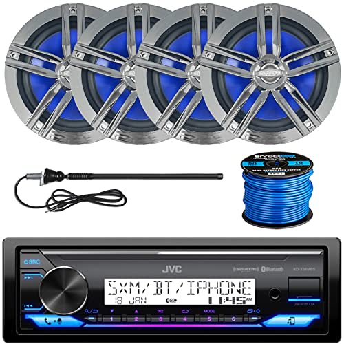 JVC Ricevitore stereo Bluetooth USB/AUX singolo DIN, 4X Enrock 6,5 pollici 180 Watt Barca Carbone Altoparlanti, Lungo Raggio Nero Radio Antenna, Cavo Altoparlante