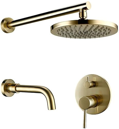 Système de douche, robinet de douche mural en laiton doré brossé avec pommeau de douche rond en laiton de 20,3 cm et robinets de baignoire de 20,3 cm, ensemble de douche de luxe, 20,3 cm