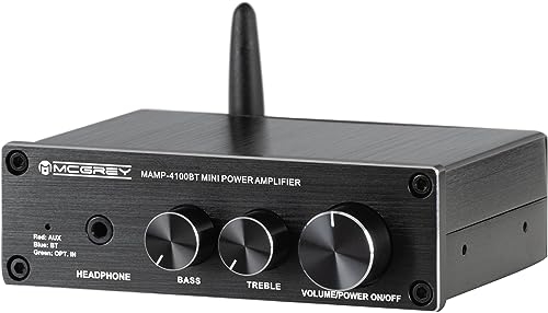 McGrey MAMP-4100BT Mini-HiFi-Verstärker - 2X 50 Watt Leistung - Bluetooth®-, Klinke- und optischer Eingang - 2-Band-Klangregelung - Klemmanschlüsse für 2 Lautsprecher - Inkl. Netzkabel - Schwarz