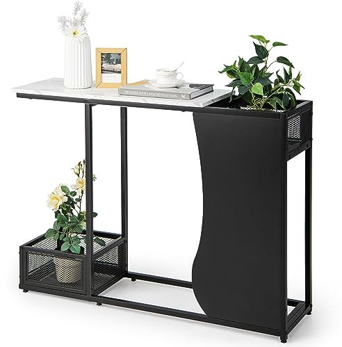 COSTWAY Console Table, Modern Faux Marble Narrow Hall Desk Sofa Side Table with 2 Storage Mesh Cubes, 110cm Long Metal Frame Slim Display Accent Table for Hallway, Entryway, Foyer and Living Room