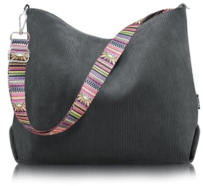 Prite Shopper Tasche Damen Groß Cord Tasche Tote Bag mit Verstellbarem Schultergurt für College Schule Arbeit Reisen Einkaufen(Grau)