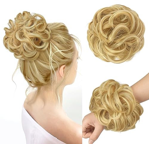 FESHFEN Haarteil Mit Gummiband, Groß Dutt Haarteil Haargummi Mit Haaren Gelockt Haardutt Synthetisch Haarverlängerung Pferdeschwanz Haarteile für Damen Mädchen, Erdbeerblond & Bleichblond 55g