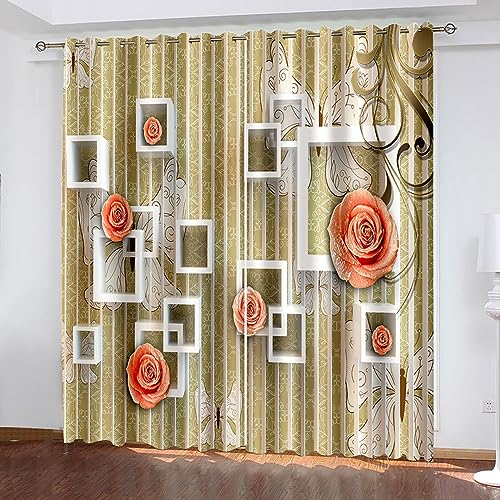 Skcess Vorhänge, Gardinen Blickdicht Goldgrau Exotische Blumen und Bäume Vorhang Polyester Gardinen 2er Set 107x183cm(WxH)