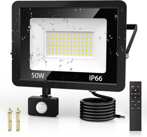 VIIIVA 50W Projecteur Exterieur Detecteur de Mouvement, 6500K Blanc Froid 72 Leds Super Lumineux Spot Avec Télécommande, 4500 LM IP66 Etanche Eclairage Exterieur pour Jardin, Patio, Garage
