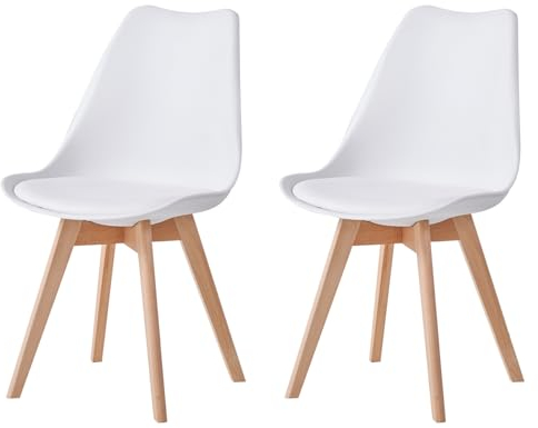 JZGORC Juego de 2 Sillas de Comedor, Sillas de Cocina Nórdicas, Sillas de Oficina con Patas de Haya Maciza para Dormitorio, Sala de Estar, Cocina - Blanco