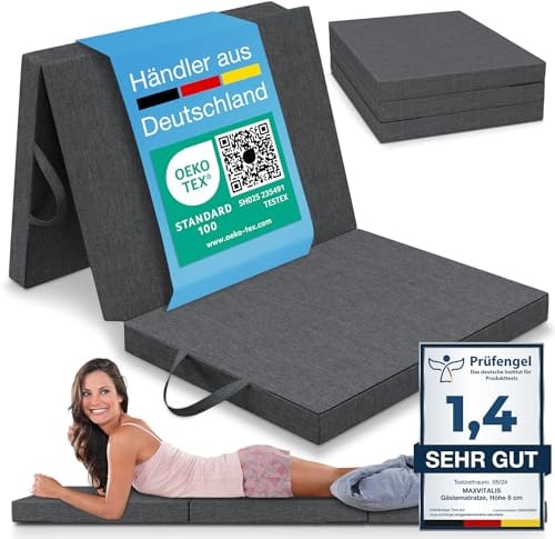 ELONEO maxVitalis Klappmatratze 75x200 cm, 8 cm hoch, Gästematratze klappbar, Faltmatratze, Faltbare Matratze, Bandscheibenwürfel, Reisematratze, Gästebett klappbar, Klappbett waschbar