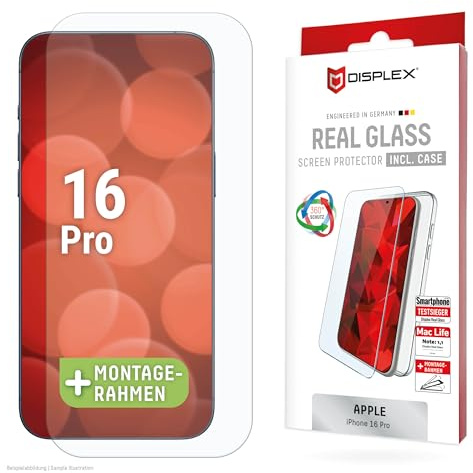 Displex Schutzglas + Schutzhülle für iPhone 16 Pro (10H), Eco-Montagerahmen | DISPLEX Real Glass + transparente Schutzhülle, 10H Panzerglas, Bruchschutz, extra-harte Kanten, kratzfest, Anti-Shock