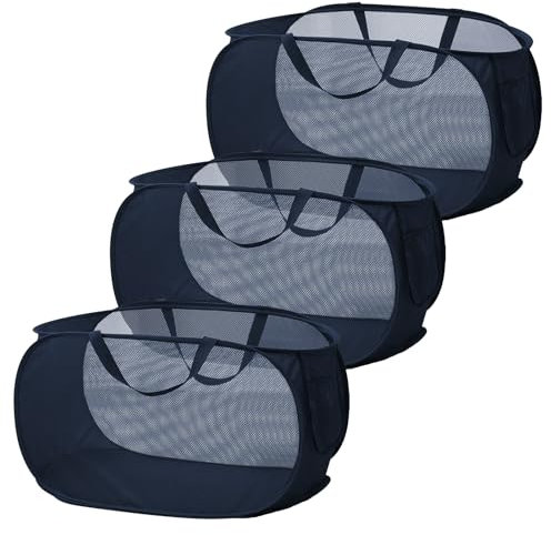 Pop up Wäschekorb, 3 Stück Faltbarer Wäschekorb 36 * 36 * 58cm, Wäschekorb Klappbar Mit Henkel, Tragbar Wäschekorb Aus Mesh, Faltbarer Pop-up-Korb Für Badezimmer, Wohnheim, Reisen (Marineblau)