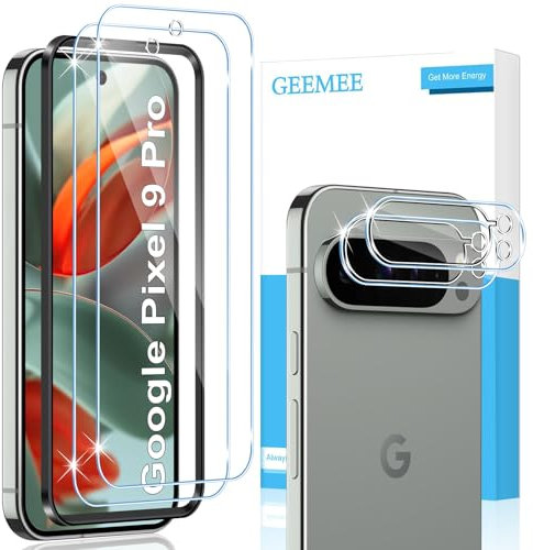 GEEMEE 2+2 Piezas Protector de Pantalla para Google Pixel 9 Pro y Protector de Lente de Cámara, 9H Dureza HD Cristal Templado Anti-Arañazos Sin Burbujas Vidrio Templado Protector