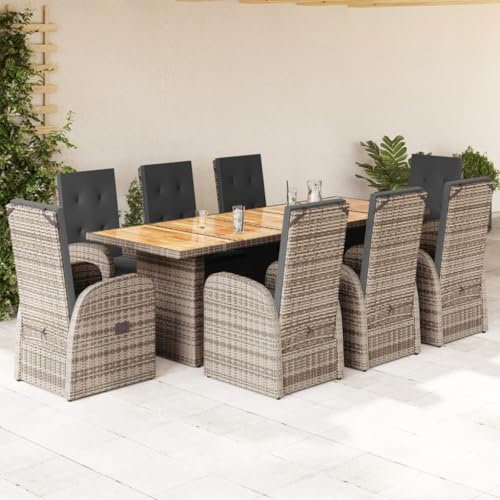 Homgoday 9-TLG. Garten-Essgruppe mit Kissen Sitzgruppe Gartenmöbel Set Gartentisch mit Stühle Gartenstuhl Verstellbarer Gartengarnitur Terrassenmöbel Balkonmöbel Grau Poly Rattan