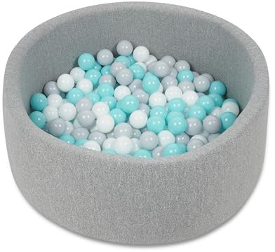 Babyzee Kids Foam Ball Pit includes 200 Balls, Kids Ball Pool, Ball Pit 90cmx30cm - Light Grey, Balls 6cm Diameter - Blue, Grey & White
