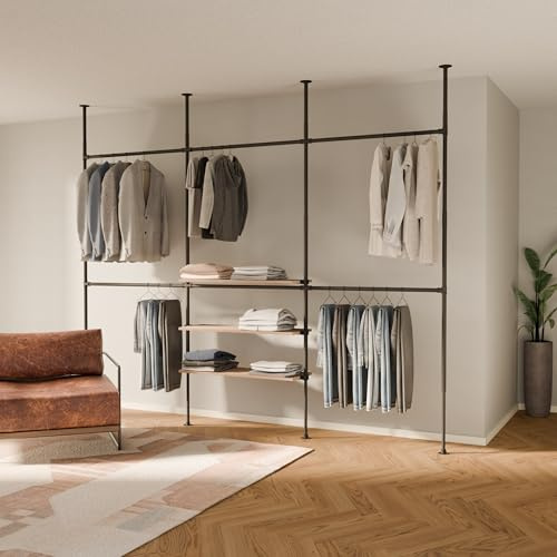 pamo Teleskop Kleiderstange 298 x 220-250 cm, 250 kg Traglast | Höhenverstellbarer Raumteiler Offener Kleiderschrank - Ohne Bohren, stabiler Stand I mit 3 Eichenbrettern