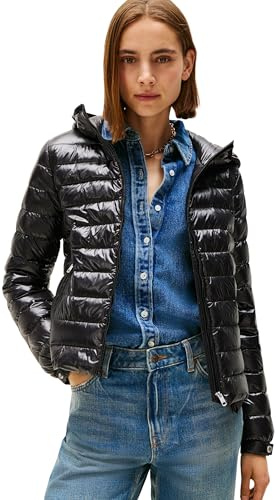 Tommy Hilfiger Damen Steppjacke Down Hooded Jacket mit Reißverschluss, Schwarz (Black), S
